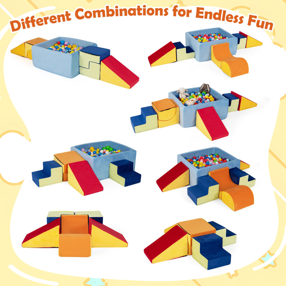 Colorful 6-piece toddler climbing toys set with ball pit, featuring slopes and stairs for imaginative play and muscle development.