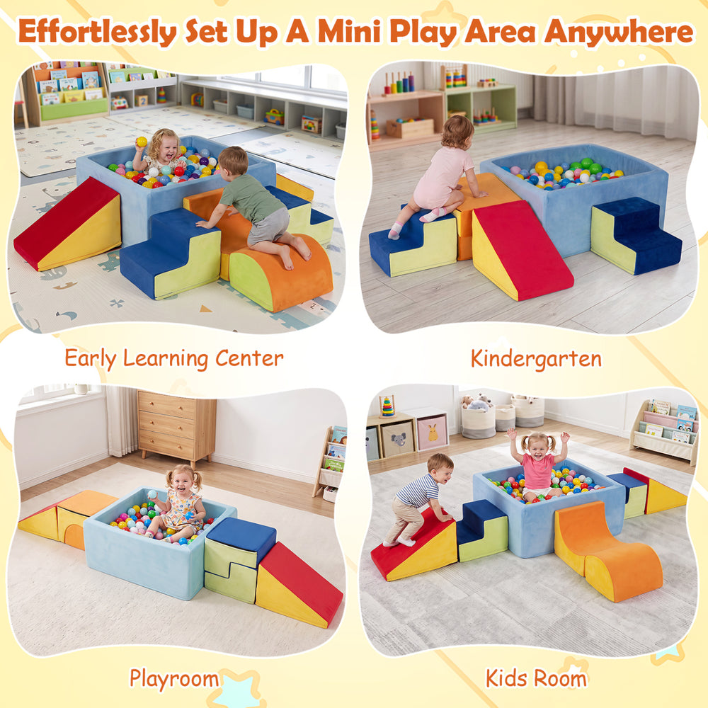 Colorful 6-piece toddler climbing toys set with ball pit, ideal for playrooms and early learning centers.