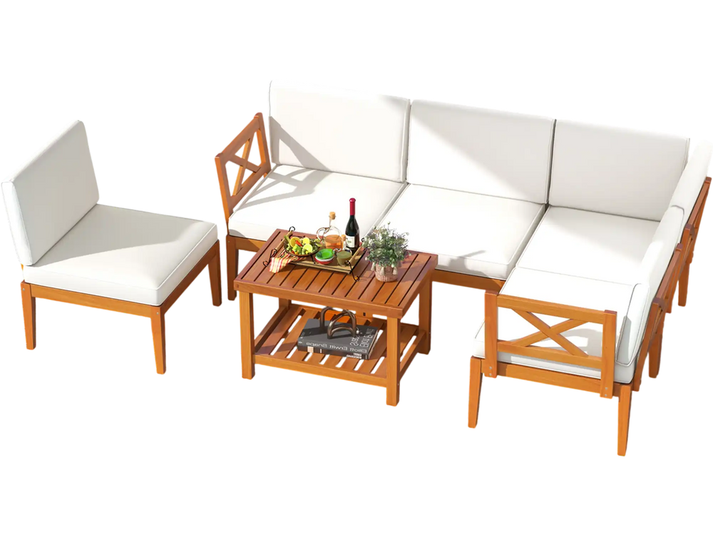 Stylish 6-piece acacia wood patio furniture set arranged by the pool, featuring soft white cushions for ultimate.