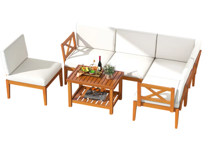 Costway 6-Piece Acacia Wood Patio Furniture Set with Cushions & 2-Tier Coffee Table White 47296351 New