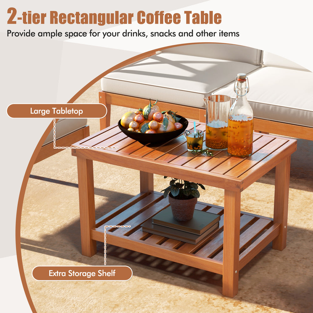 Rectangular 2-tier coffee table made of solid acacia wood, featuring a large tabletop and extra storage shelf for.