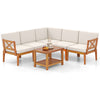 L-shaped patio sofa set with soft, breathable cushions in white, crafted from solid acacia wood for stylish outdoor.