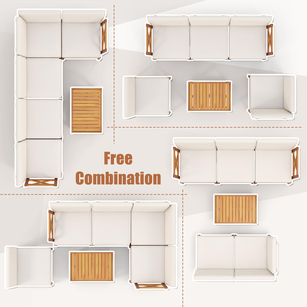 L-shaped 6-piece acacia wood patio furniture set with cushions and 2-tier coffee table for versatile outdoor.