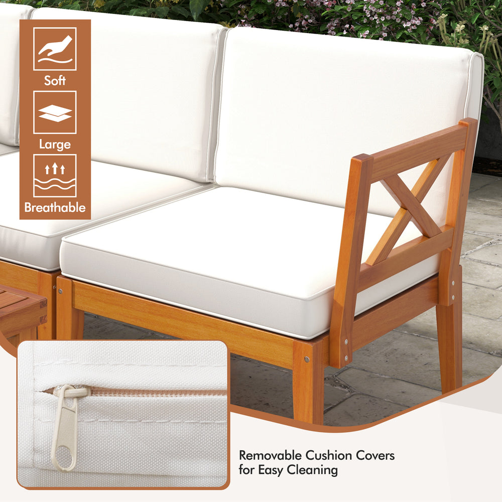 L-shaped acacia wood patio sofa with soft, removable cushion covers for easy cleaning, ideal for outdoor relaxation.