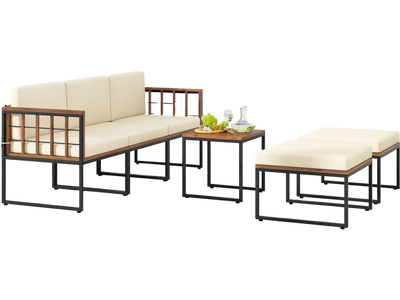 Costway 6-Piece Acacia Wood Patio Furniture Set w/ Coffee Table & Ottomans Beige 26841795 New