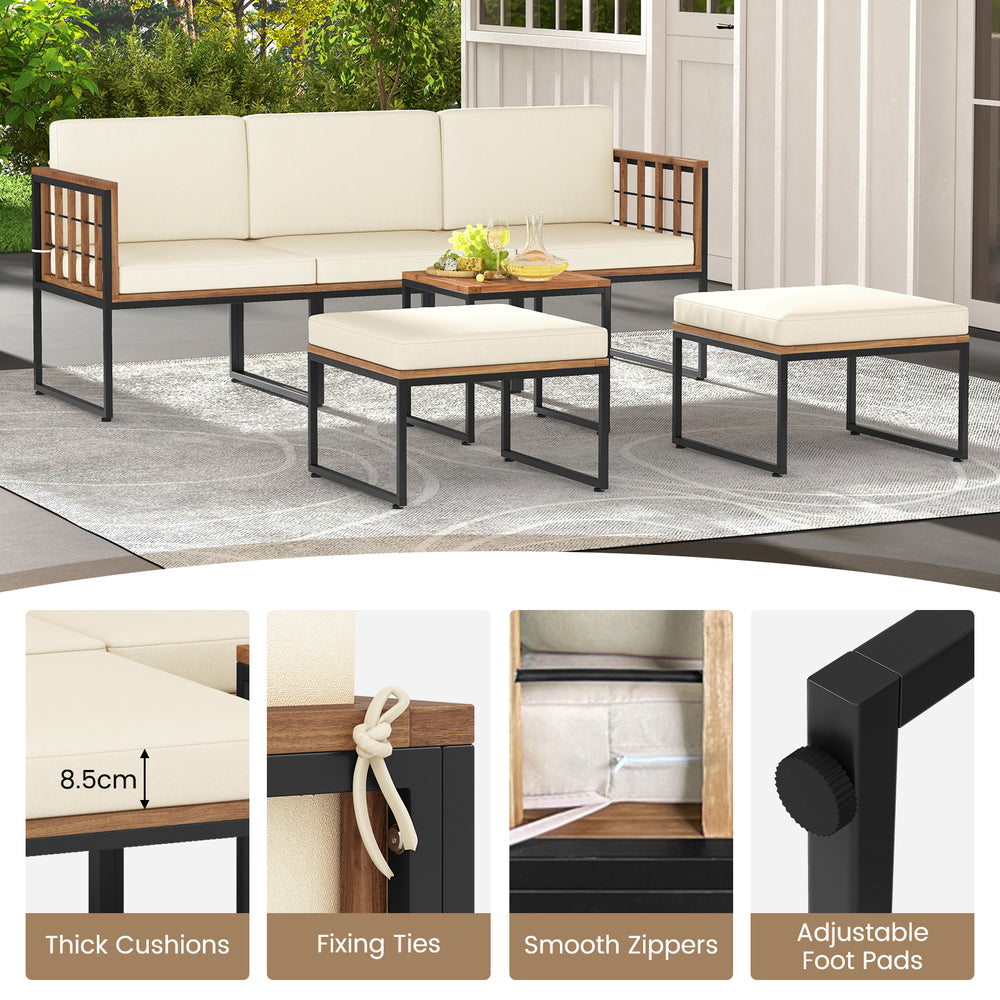 Acacia wood patio furniture set featuring thick cushions and adjustable foot pads, perfect for outdoor relaxation.