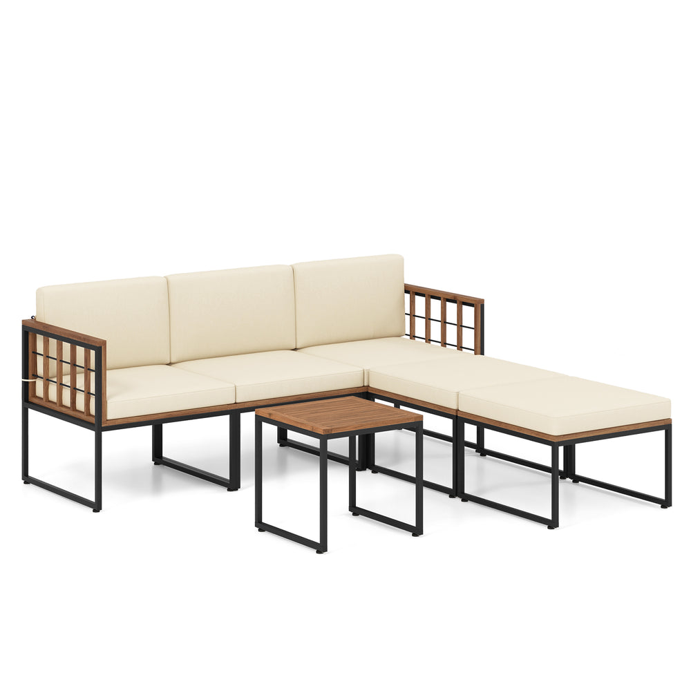 L-shaped 6-piece acacia wood patio furniture set with beige cushions and coffee table, perfect for outdoor relaxation.