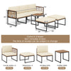 6-piece acacia wood patio furniture set with beige cushions, including coffee table and ottomans for outdoor relaxation.