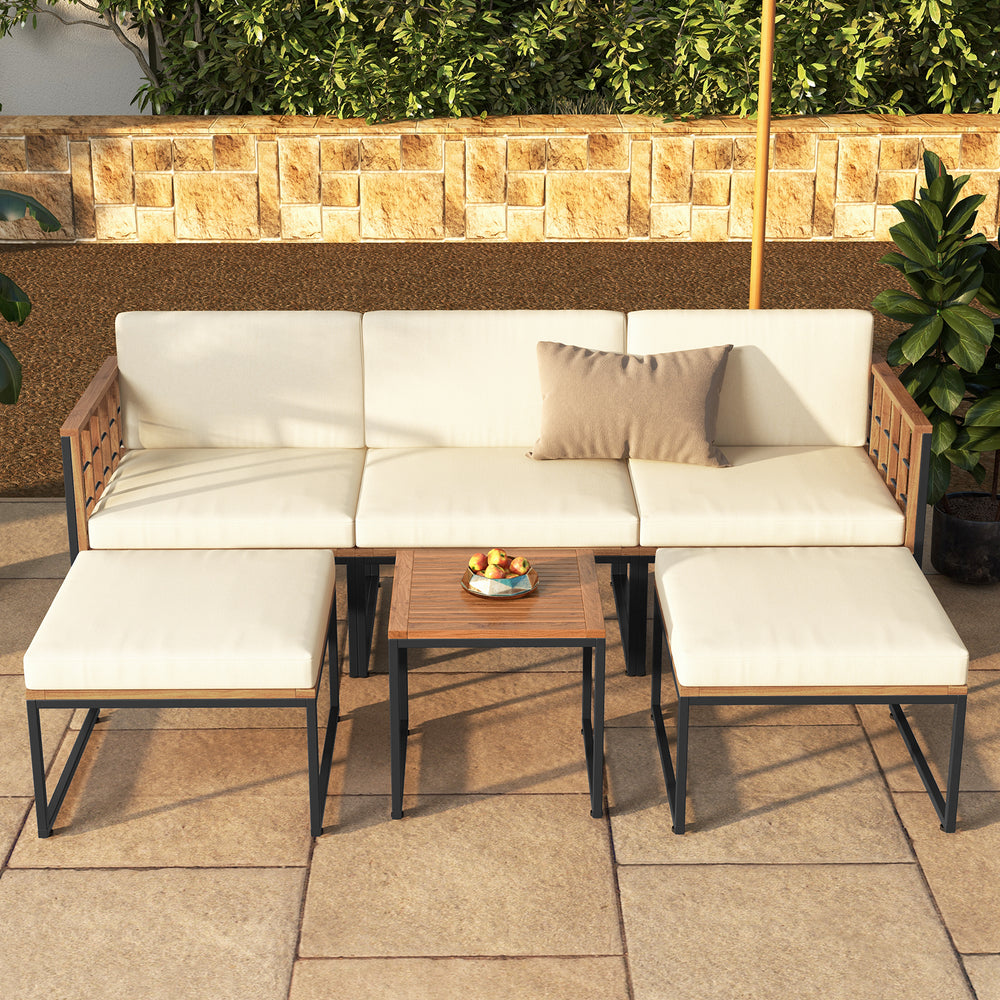 Acacia wood patio furniture set featuring a coffee table and ottomans with beige cushions, perfect for outdoor.