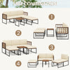 6-piece acacia wood patio furniture set with beige cushions, featuring a coffee table and versatile ottomans for.