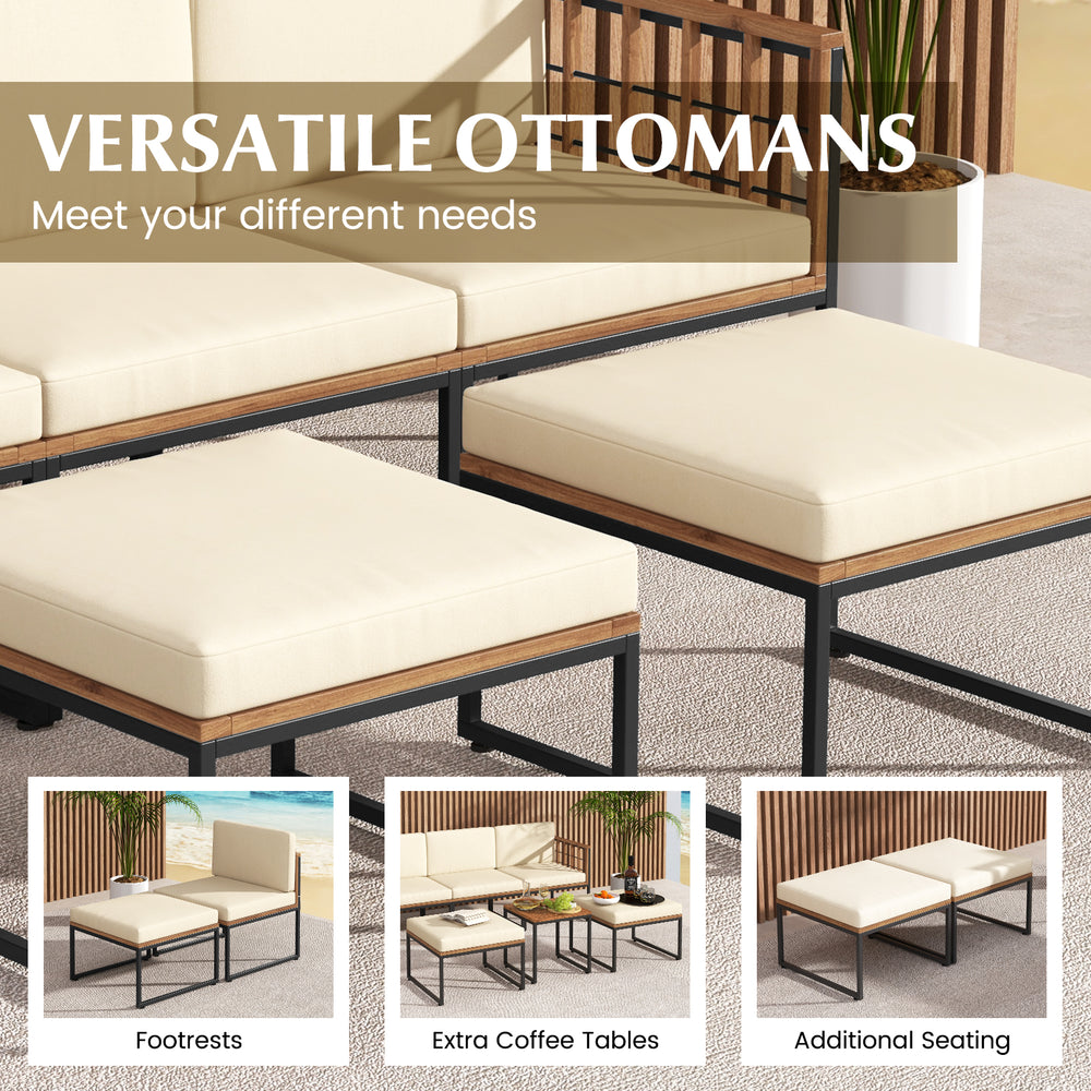Versatile ottomans from the 6-piece acacia wood patio furniture set, ideal for extra seating or coffee tables outdoors.