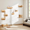 Cat wall furniture set featuring natural wood shelves, a hammock, and a scratching post for playful kittens.