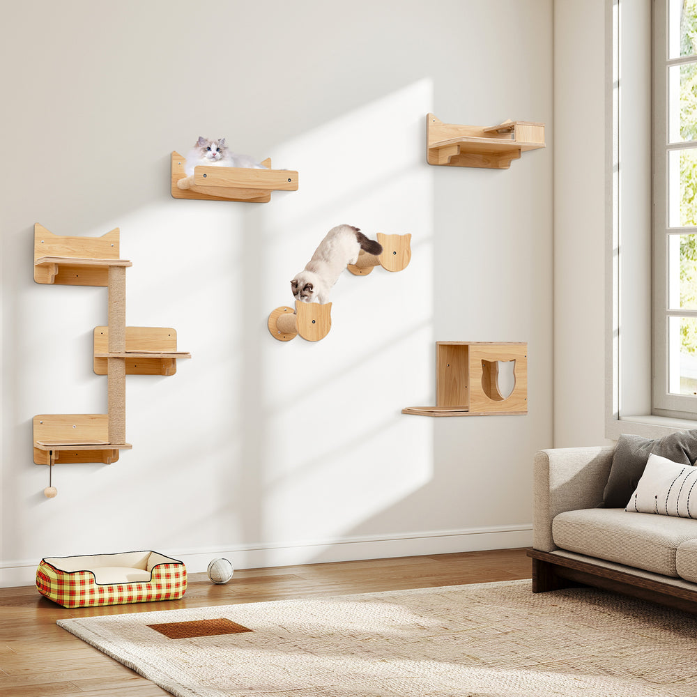 Cat wall furniture set featuring natural wood shelves, a hammock, and a scratching post for playful kittens.