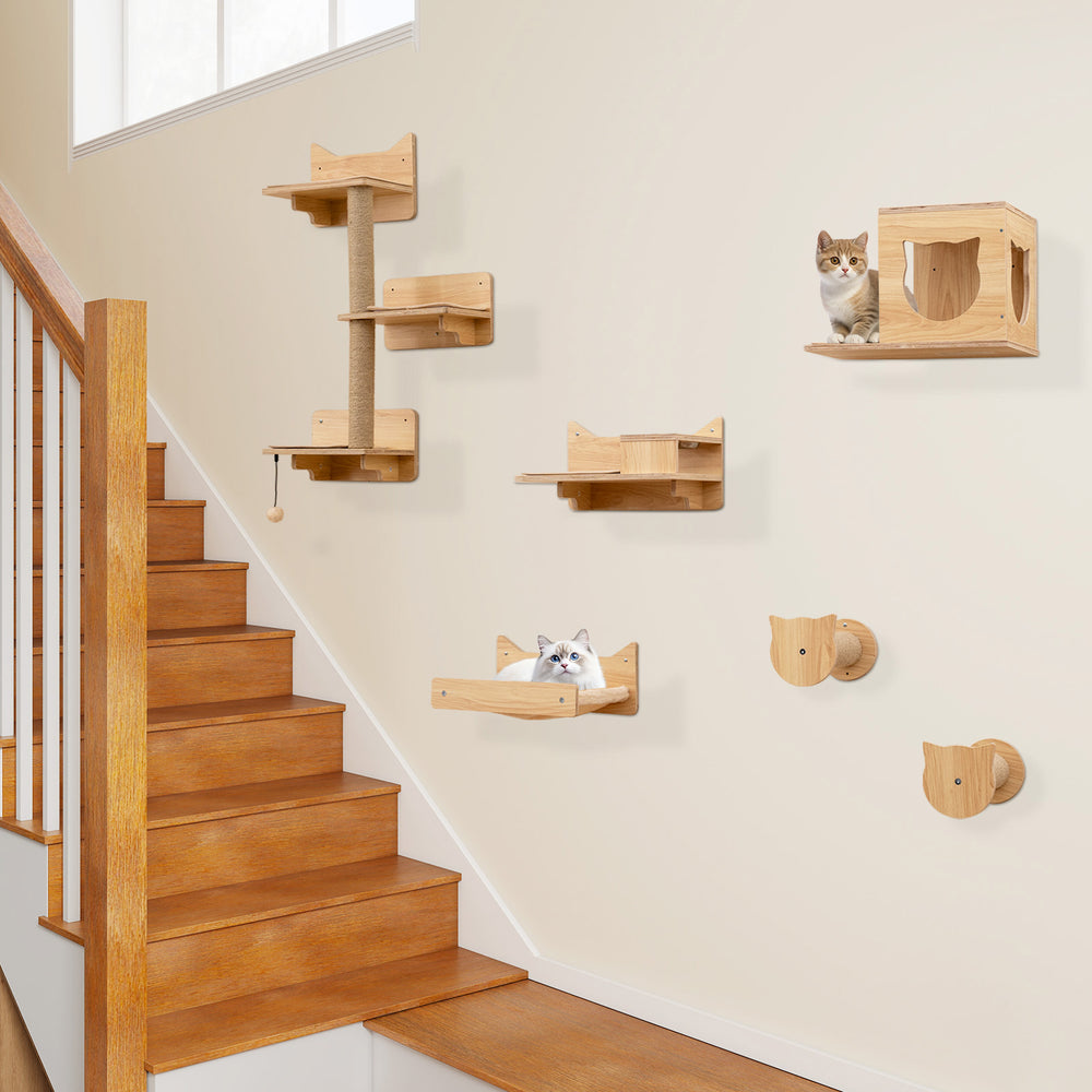 Wall-mounted cat furniture set featuring natural wood shelves, a condo, and a scratching post for playful kittens.