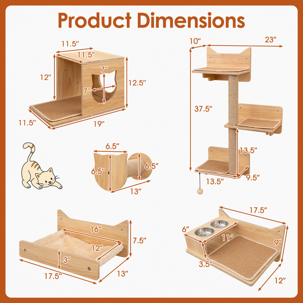 Dimensions of the 6 pieces cat wall furniture set, including shelves, tower, hammock, and feeding station for kittens.