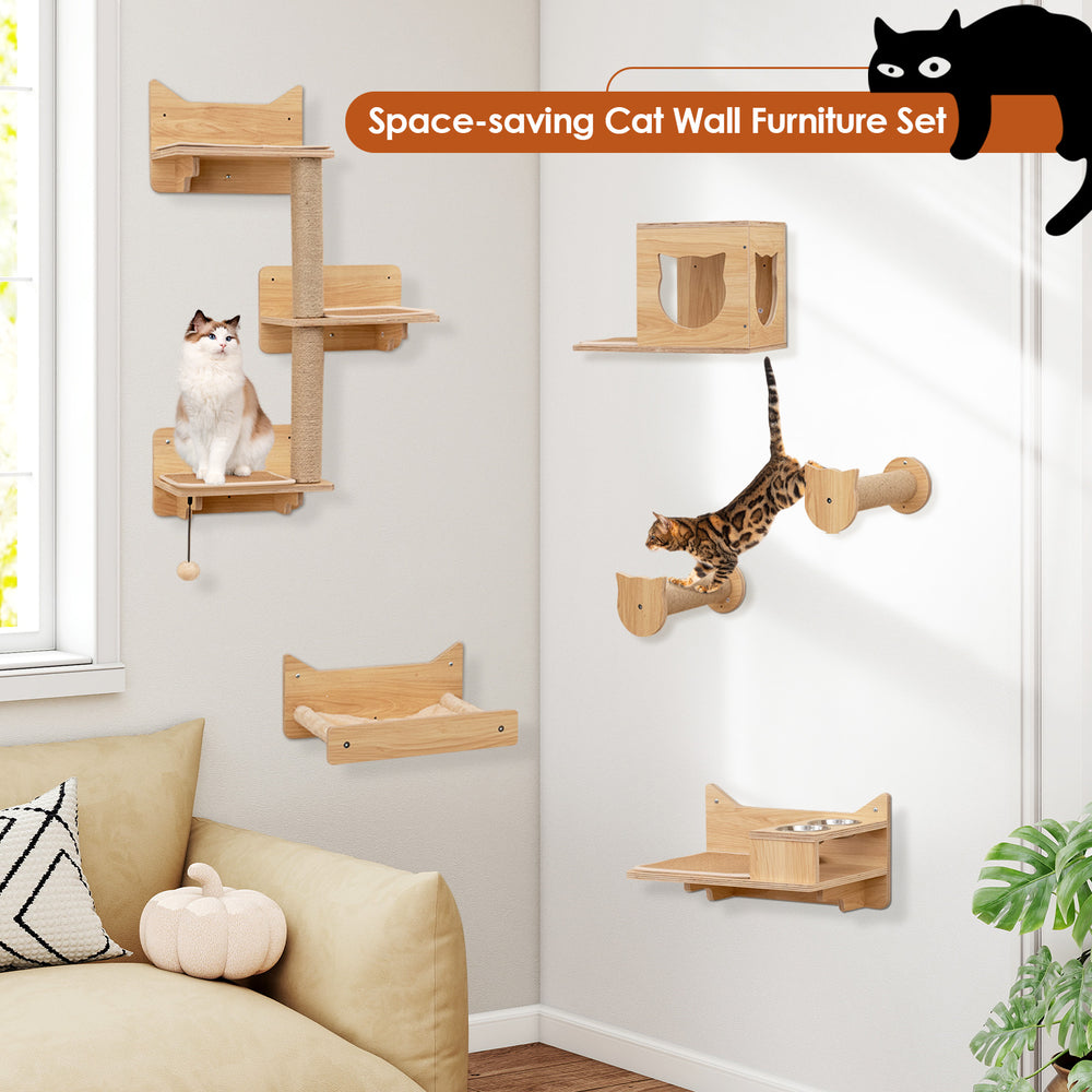 Cat wall furniture set featuring natural wood shelves, a hammock, and a feeding station for playful kittens.