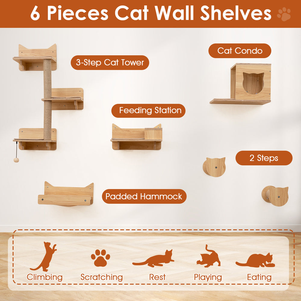 6-piece natural cat wall furniture set featuring a 3-step tower, condo, feeding station, and padded hammock for.