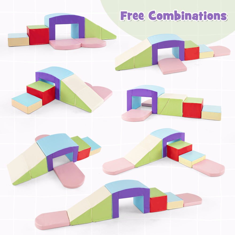 Colorful 6-piece foam climbing blocks set for toddlers, featuring various shapes and a tunnel for indoor play and motor.