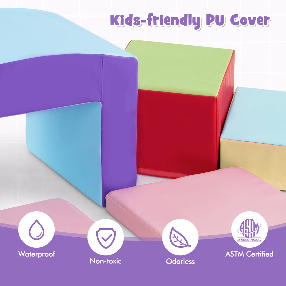 Colorful foam climbing blocks with waterproof PU cover for toddlers, ideal for indoor play and motor skill development.