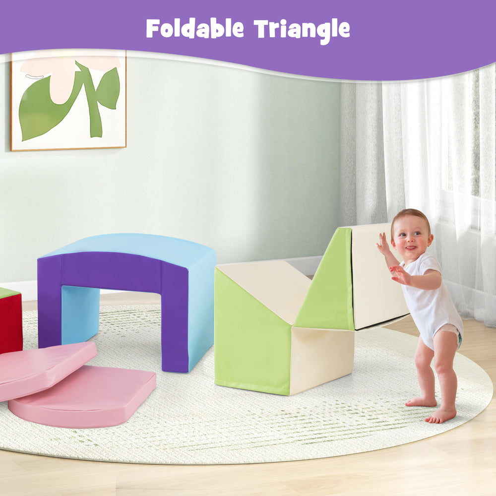 Colorful foam climbing blocks set featuring a foldable triangle, ideal for toddlers' indoor play and motor skill.