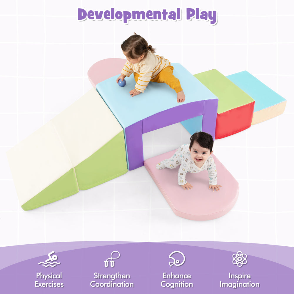 Soft foam climbing blocks in various colors for toddlers, promoting motor skills and creative play in indoor settings.
