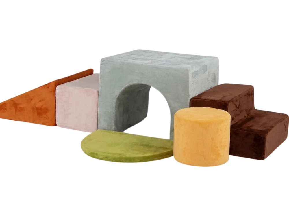 Colorful 6-piece foam climbing blocks set includes a slide and tunnel, perfect for active play and motor skill development.