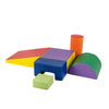 Colorful 6-piece foam climbing blocks set with various shapes for indoor play, featuring soft PU cover and EPE foam.