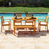 Outdoor acacia wood dining set with six chairs, featuring a spacious tabletop and umbrella hole, perfect for patio.