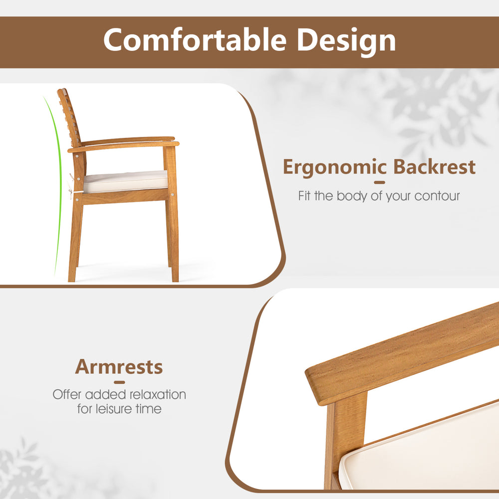 Ergonomic backrest and armrests of the acacia wood dining chair, designed for comfort and relaxation in outdoor.