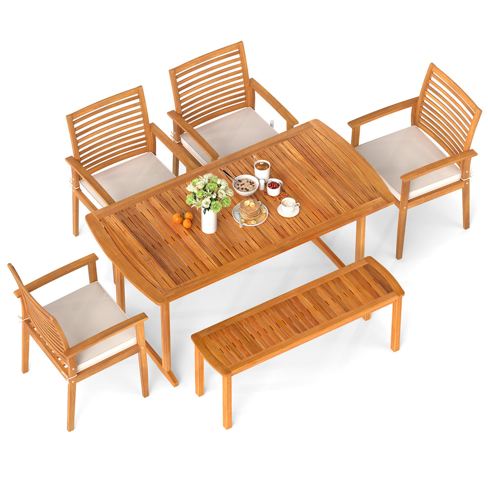 Outdoor acacia wood dining set with six chairs and a spacious table, featuring an umbrella hole for sunny days.
