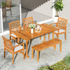 Outdoor acacia wood dining set with six chairs and a spacious tabletop, perfect for backyard gatherings.