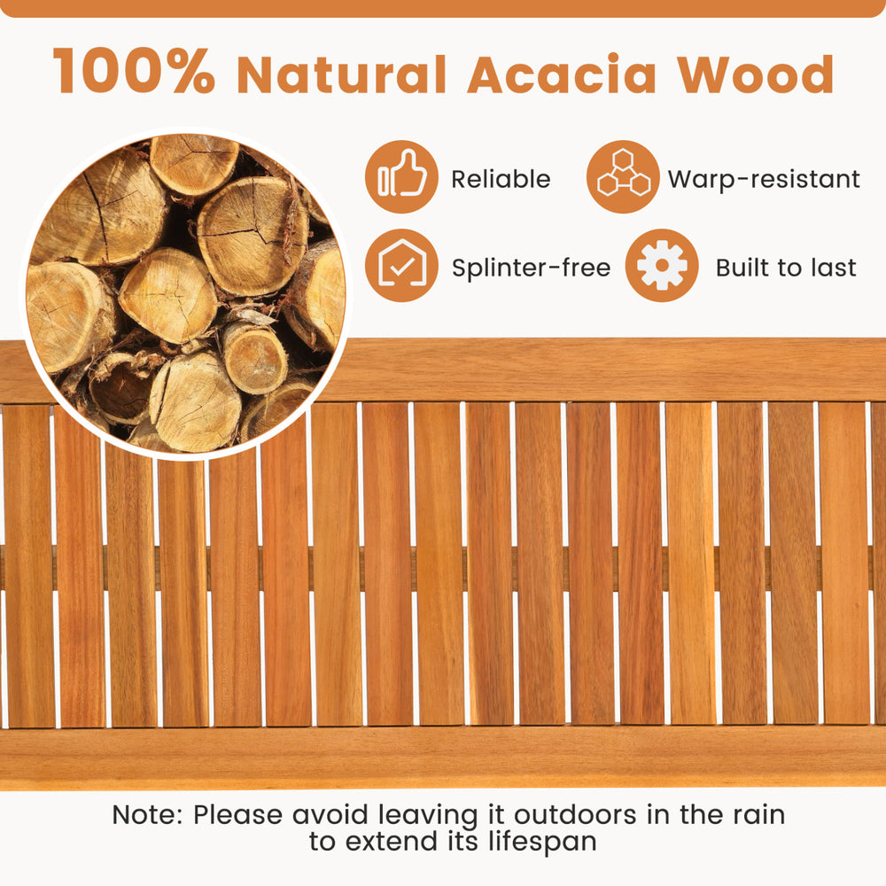 Close-up of slatted design showcasing 100% natural acacia wood, ideal for outdoor dining set durability and rustic.