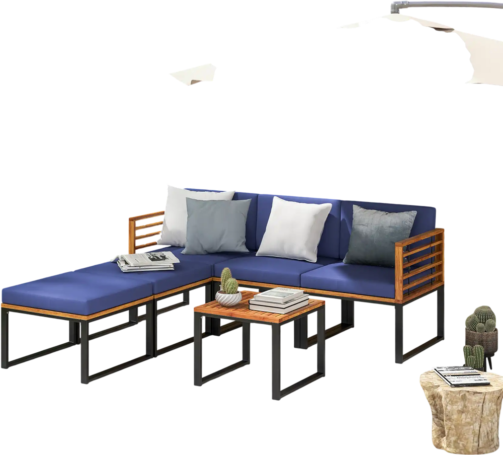 6-piece patio acacia wood conversation sofa set with navy cushions, featuring ottomans and a coffee table for outdoor.