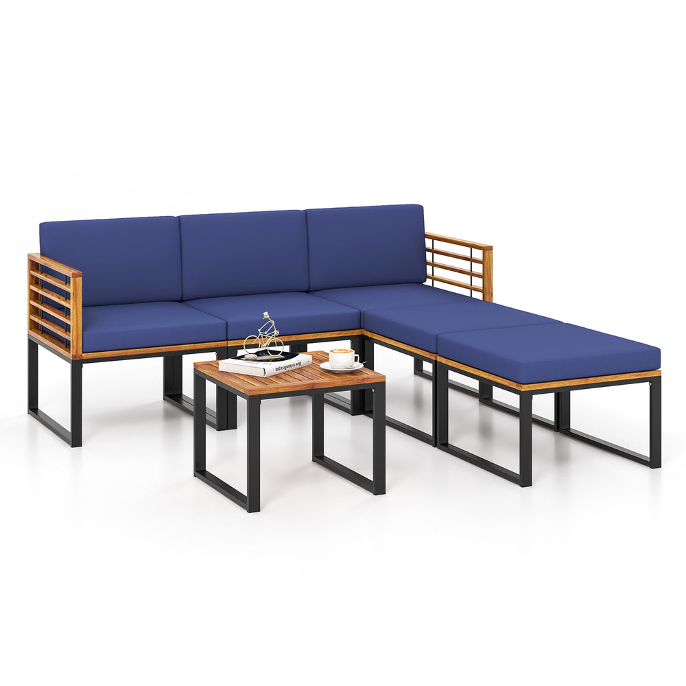 L-shaped 6 piece patio sofa set with navy cushions, acacia wood frame, and coffee table, ideal for outdoor relaxation.