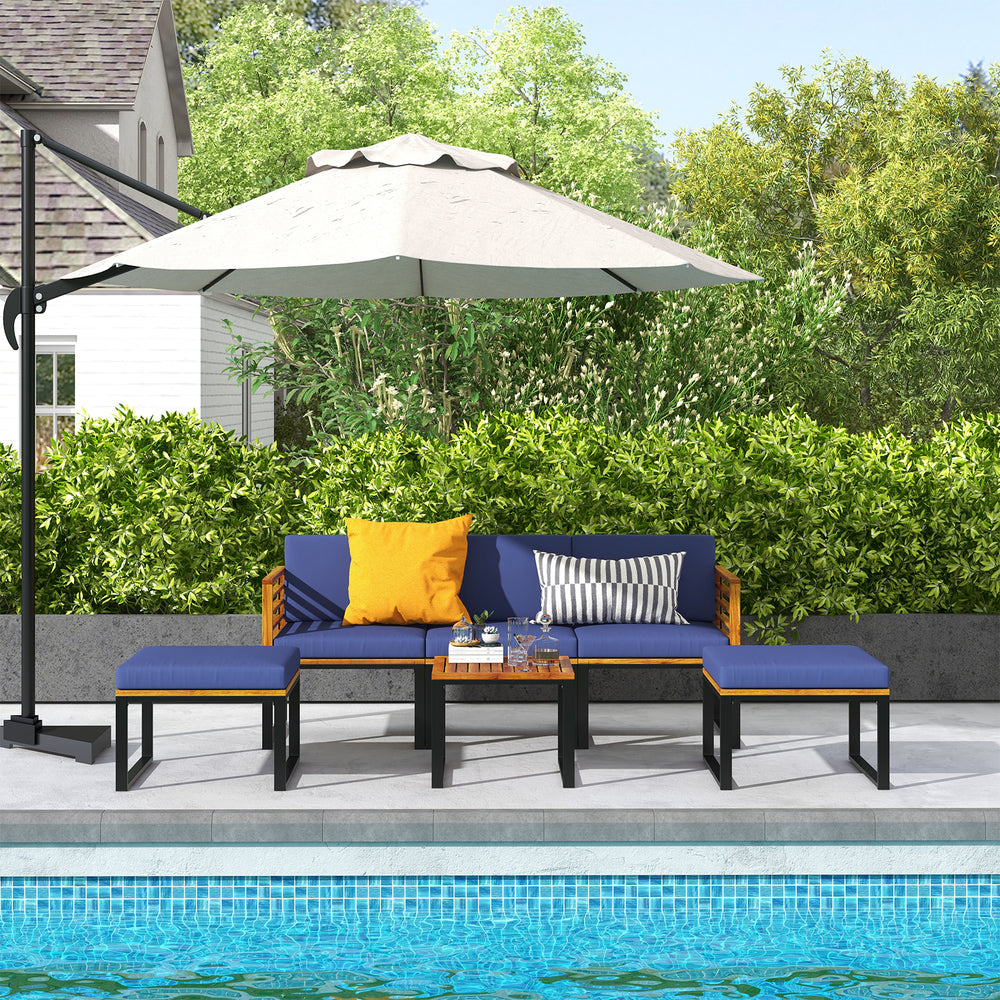 6-piece patio acacia wood conversation sofa set with navy cushions, ideal for poolside relaxation and outdoor.