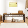 Backless wicker patio bench for 2 with acacia wood seat, ideal for outdoor dining and relaxation in various settings.