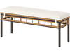 Backless wicker patio bench for 2 people with a white acacia wood seat, ideal for outdoor dining and relaxation.