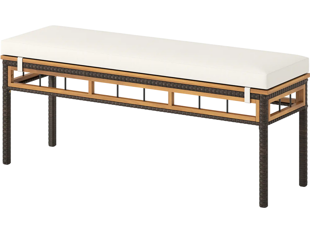 Backless wicker patio bench for 2 people with a white acacia wood seat, ideal for outdoor dining and relaxation.