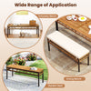 Backless wicker patio bench for 2 with acacia wood seat, ideal for dining in yard or poolside settings.