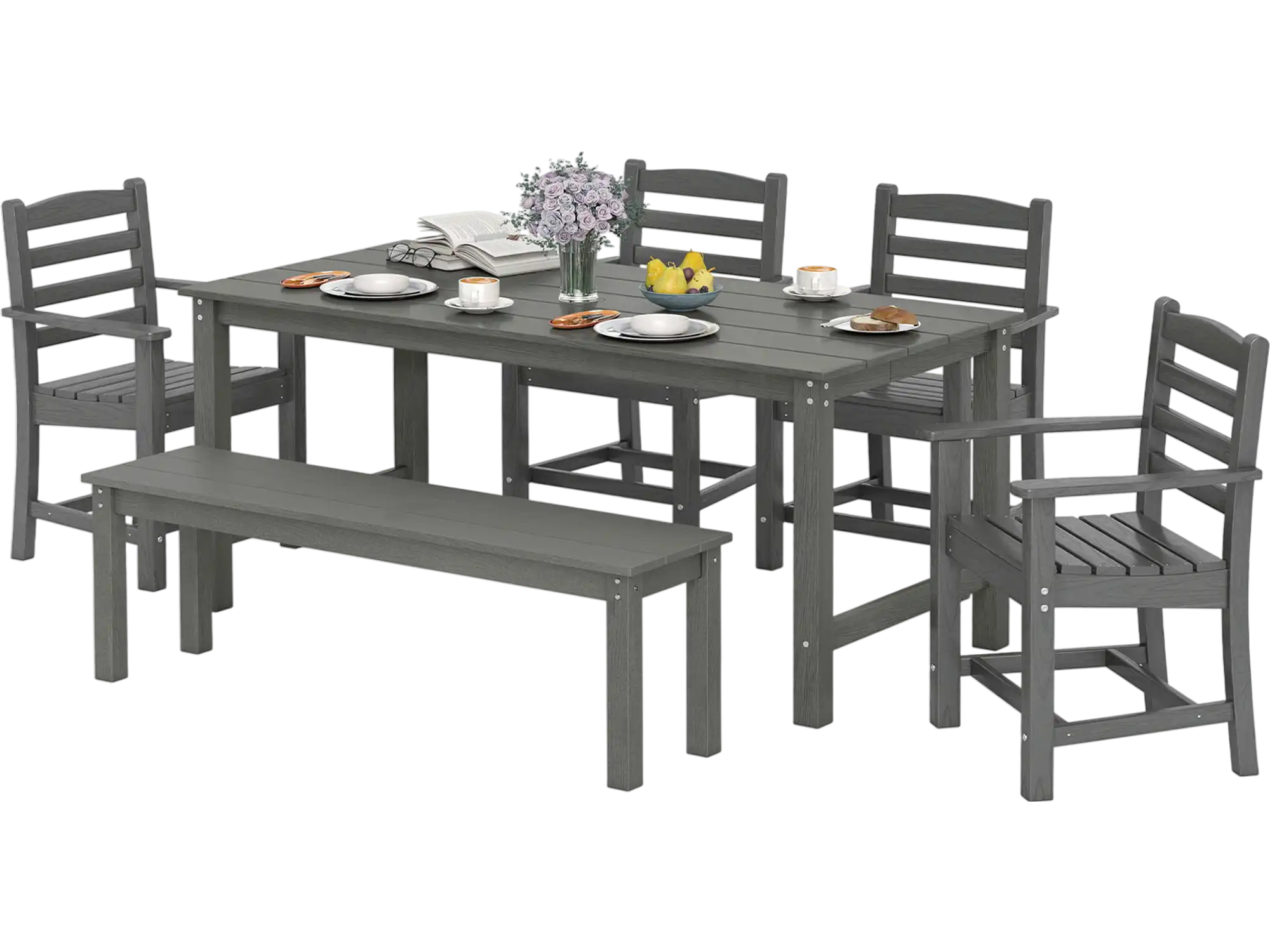 Costway 6-Pc Outdoor Patio Dining Bench Set HDPE Weather Resistant 34113101 New