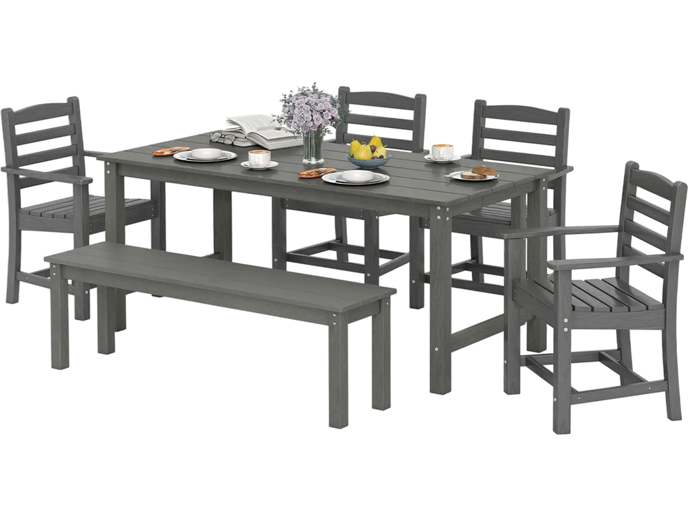 Patio dining set featuring a grey HDPE table, six chairs, and a bench, perfect for outdoor gatherings and relaxation.