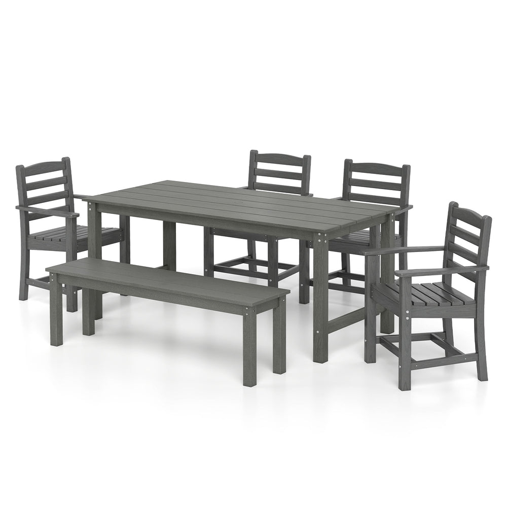 Grey 6-piece patio dining set featuring a weather-resistant HDPE table, chairs, and bench for outdoor gatherings.