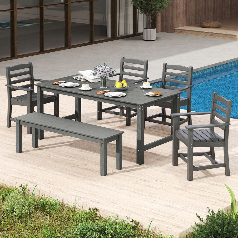 6 Pieces Patio Dining Bench Set Outdoor HDPE Weather Resistant Table and Chairs Set-Grey - Gallery View 1 of 9