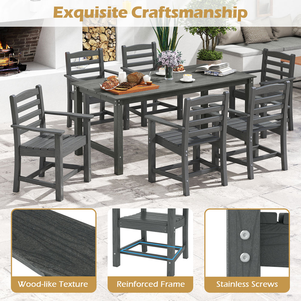 Grey 6-piece patio dining set with HDPE material, wood-like texture, and ample space for outdoor dining.