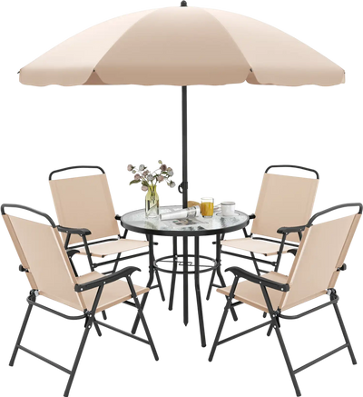 Costway 6-Piece Patio Dining Set Umbrella 4 Folding Armchairs 946178532 New