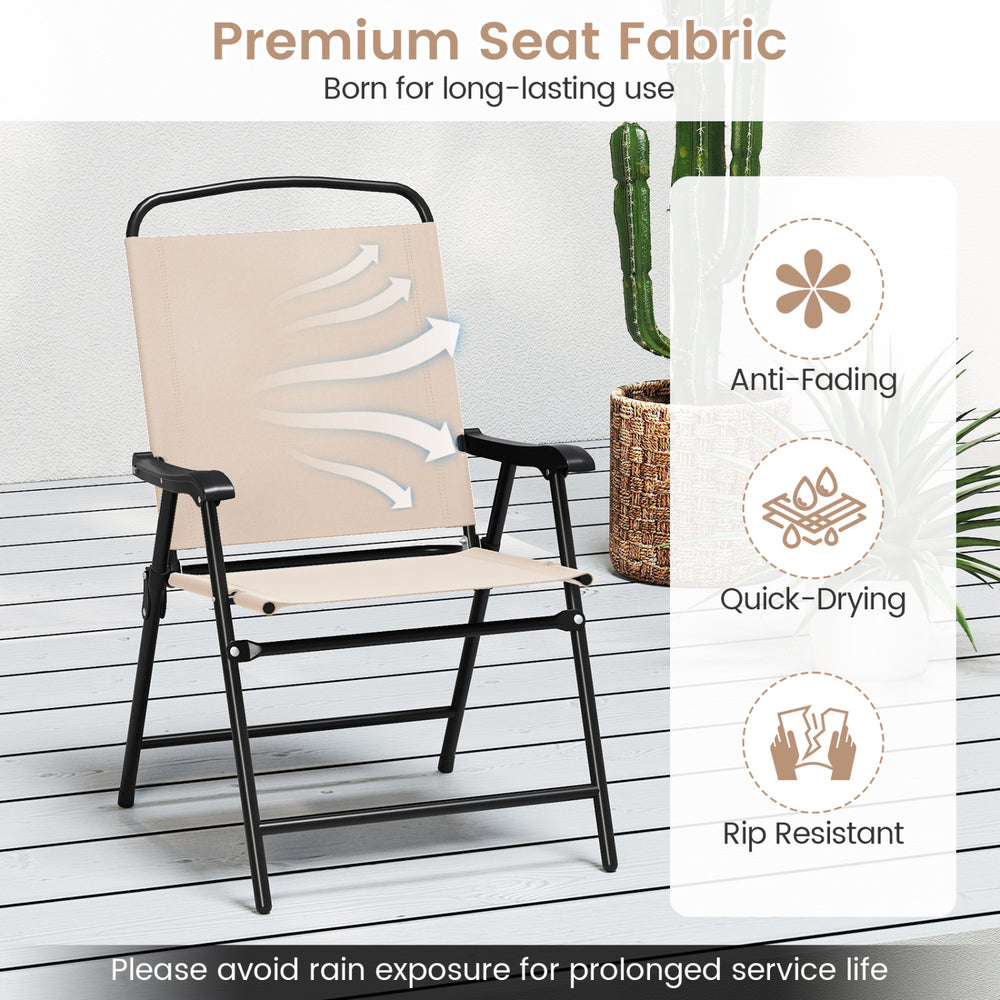 Folding armchair in beige with anti-fading fabric, designed for comfort and easy storage, perfect for outdoor dining.