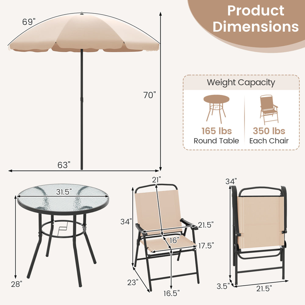 Patio dining set featuring a round glass tabletop, beige folding chairs, and a durable umbrella for outdoor comfort.