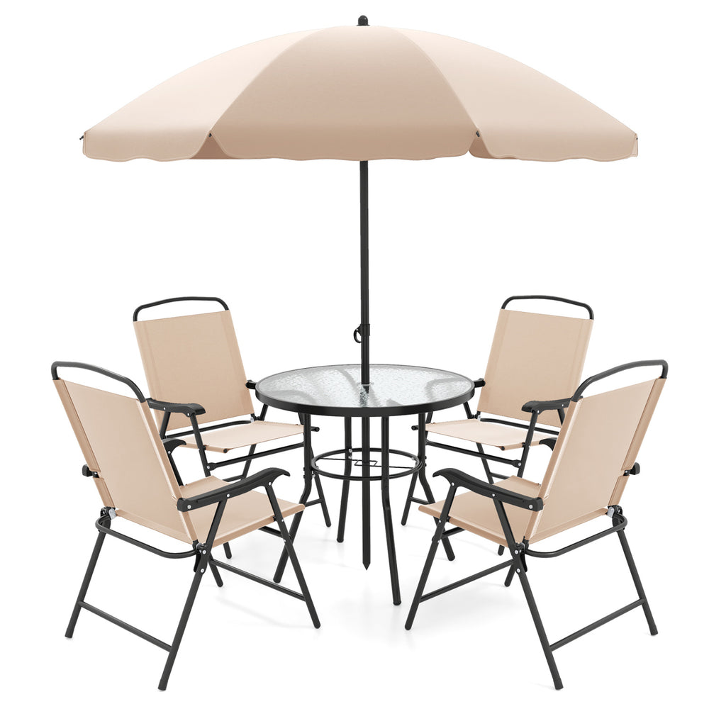 Patio dining set featuring a glass tabletop, four beige folding armchairs, and a shade umbrella for outdoor comfort.