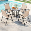 Patio dining set featuring a ripped tempered glass tabletop and four folding armchairs in beige for outdoor relaxation.