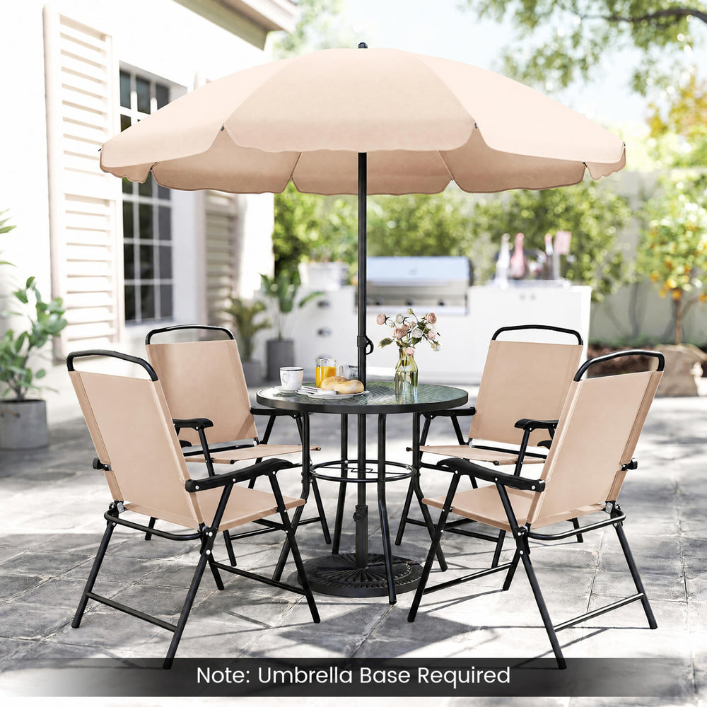 Beige folding armchair with ergonomic design and quick-drying fabric, ideal for comfortable outdoor dining and easy storage.